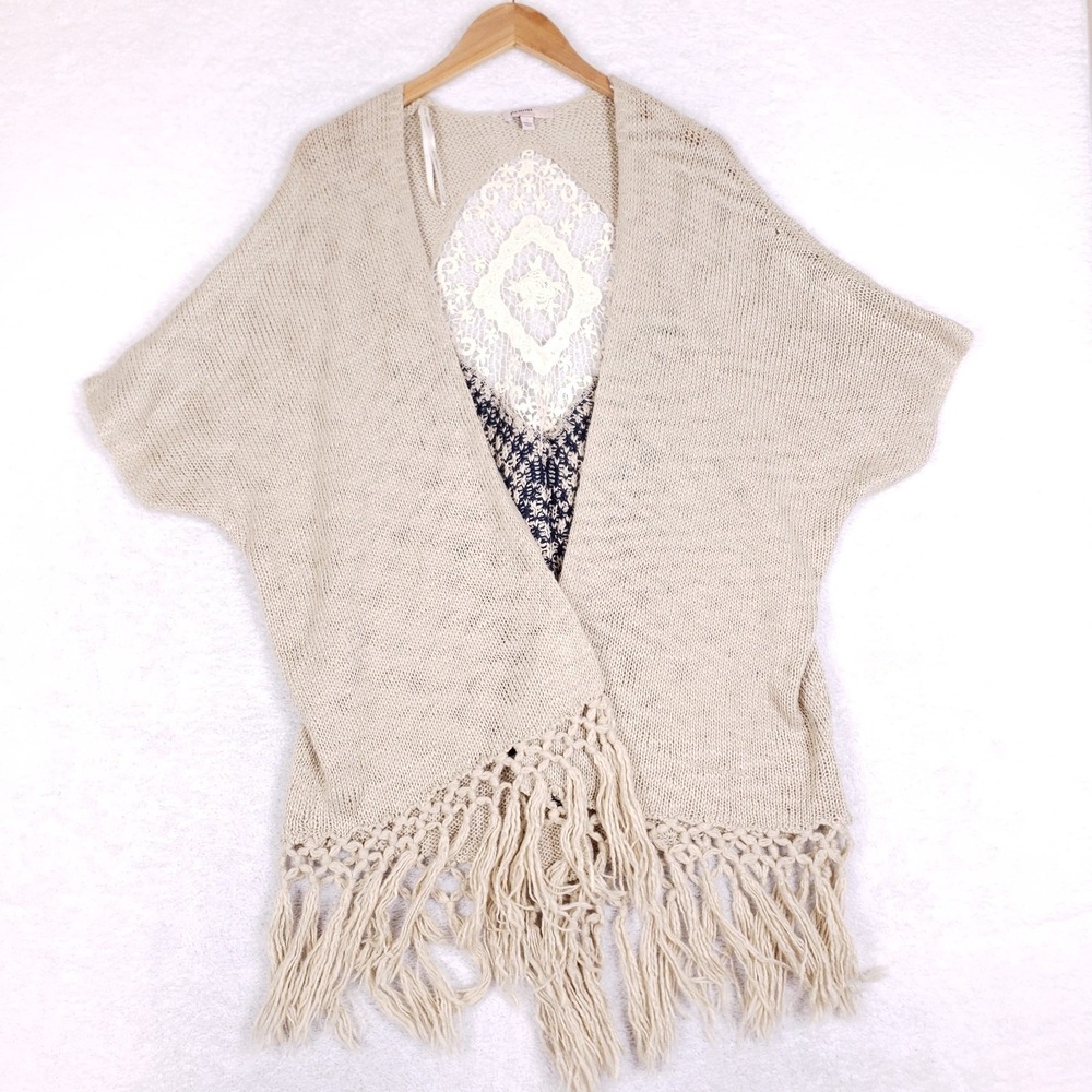 Blu Pepper Vintage Cardigan S Bohemian Fringe Lace Back Geometric Tan Shrug